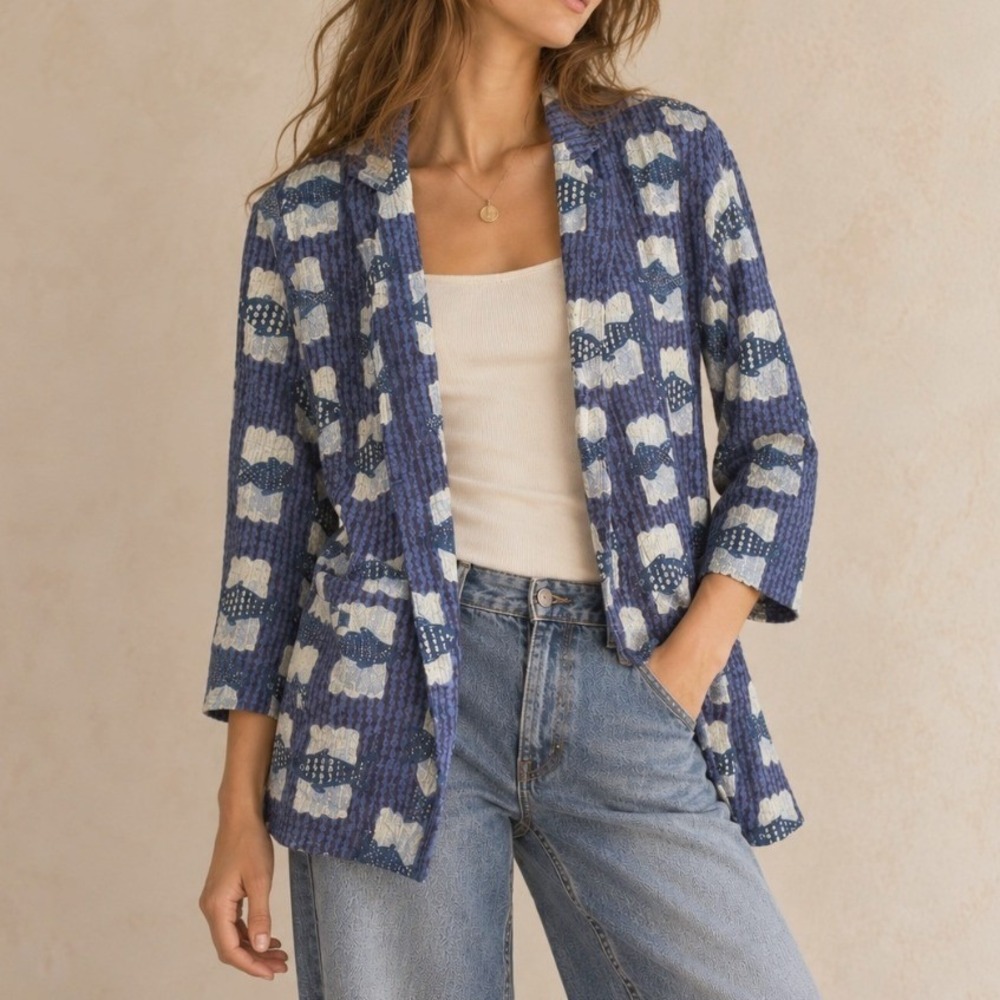 BIBA Fish Block Print Blazeer Kimono Cardigan 34 Blue Art To Wear Cotton Boho